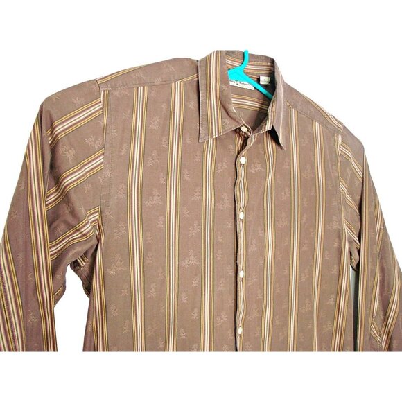 Tommy Bahama Shirt Button Up Mens Large Striped Brown Tan Pineapple Print Cotton - Picture 2 of 12